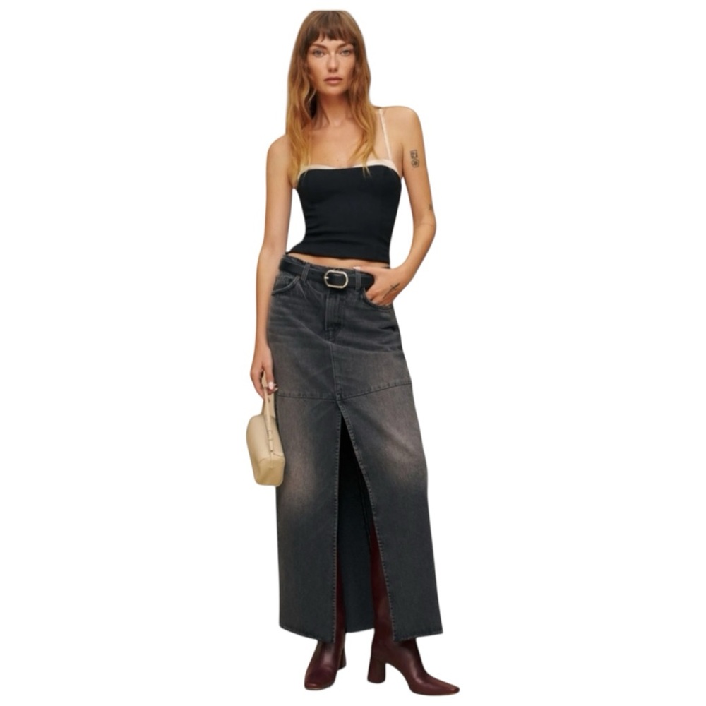 NWT Reformation Tazz Maxi Denim Skirt Black Size 27